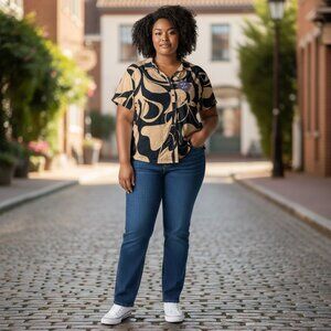 Ava & Viv Womens Plus Size Black & Tan Abstract Button-Front Shirt Size XXL